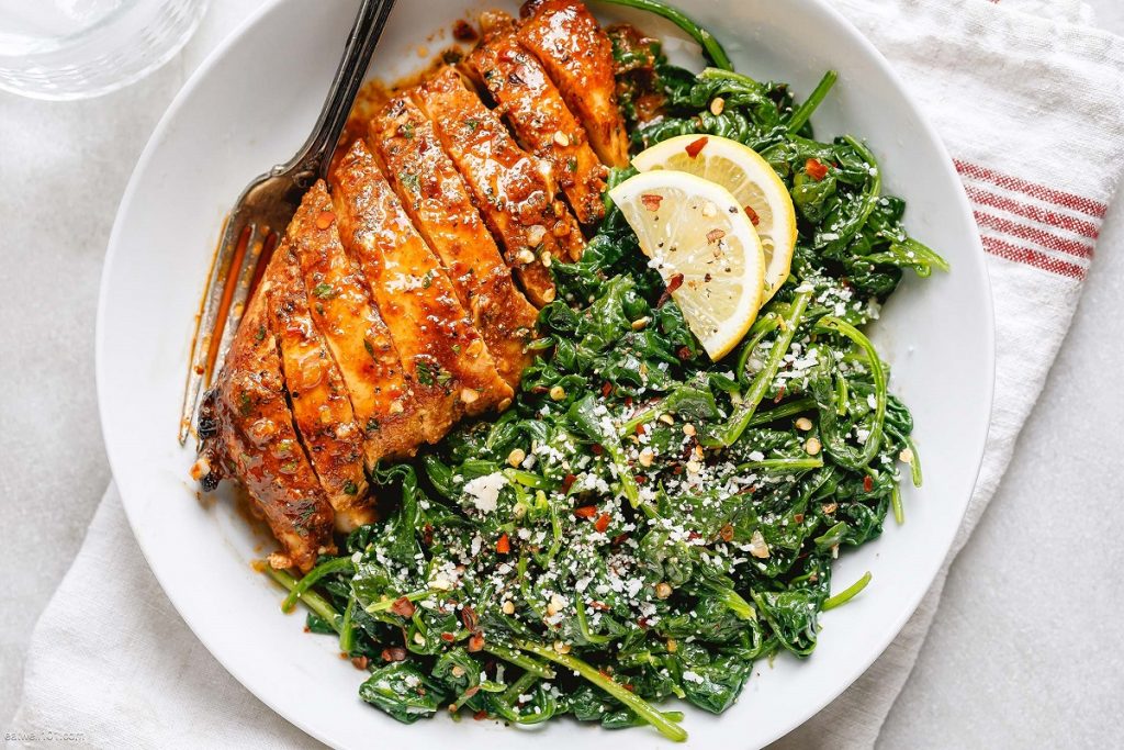 meat with grilled spinach