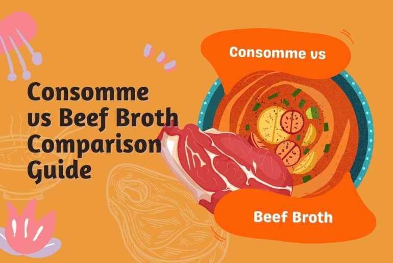 Consomme vs Beef Broth – Comparison Guide Consomme vs Beef Broth Comparison guide- Beef consommé has French roots and originally meant whole or flawless. Although it resembles beef broth, beef consommé is significantly darker and has a velvety texture and a rich flavor.